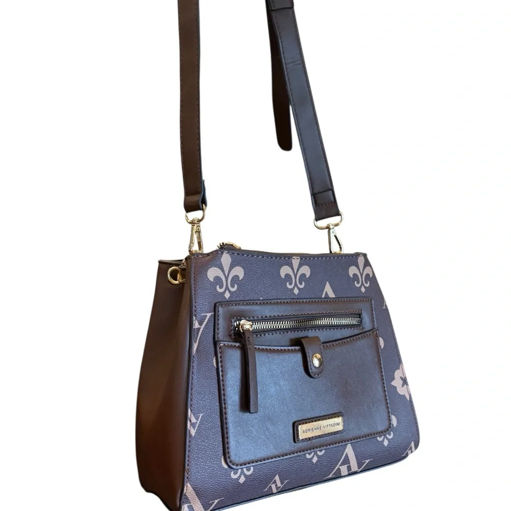 Adrienne Vittadini Crossbody Fleur-de-lis Adjustable Strap Brown Bone NEW‎ $190